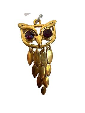 Gold-Tone Owl Charm Red Jewel Eyes 2 Inches Long Dangling Reticulating Earring